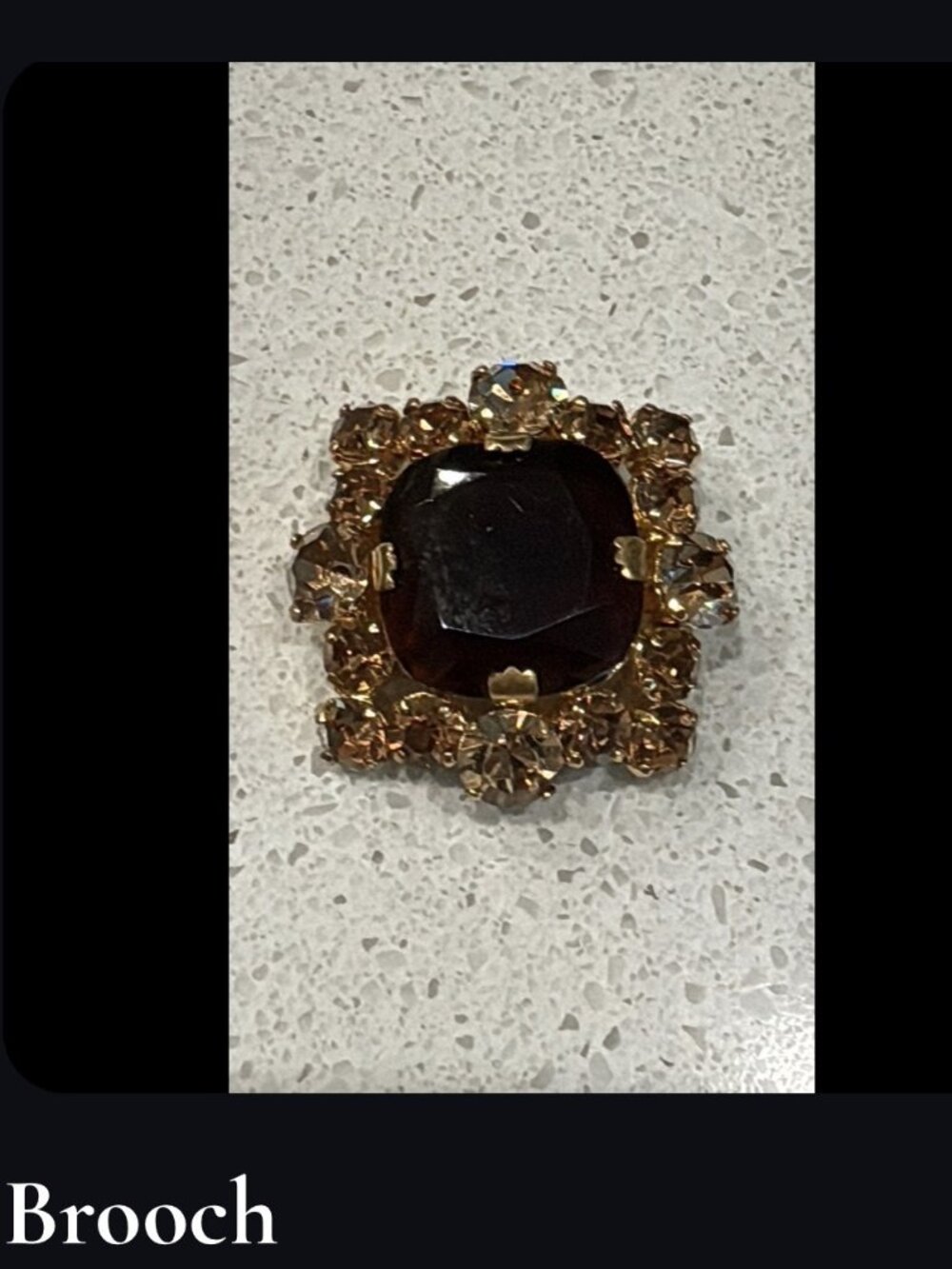 Vintage Amber Rhinestone Statement Brooch – Gold‑Tone Square Design